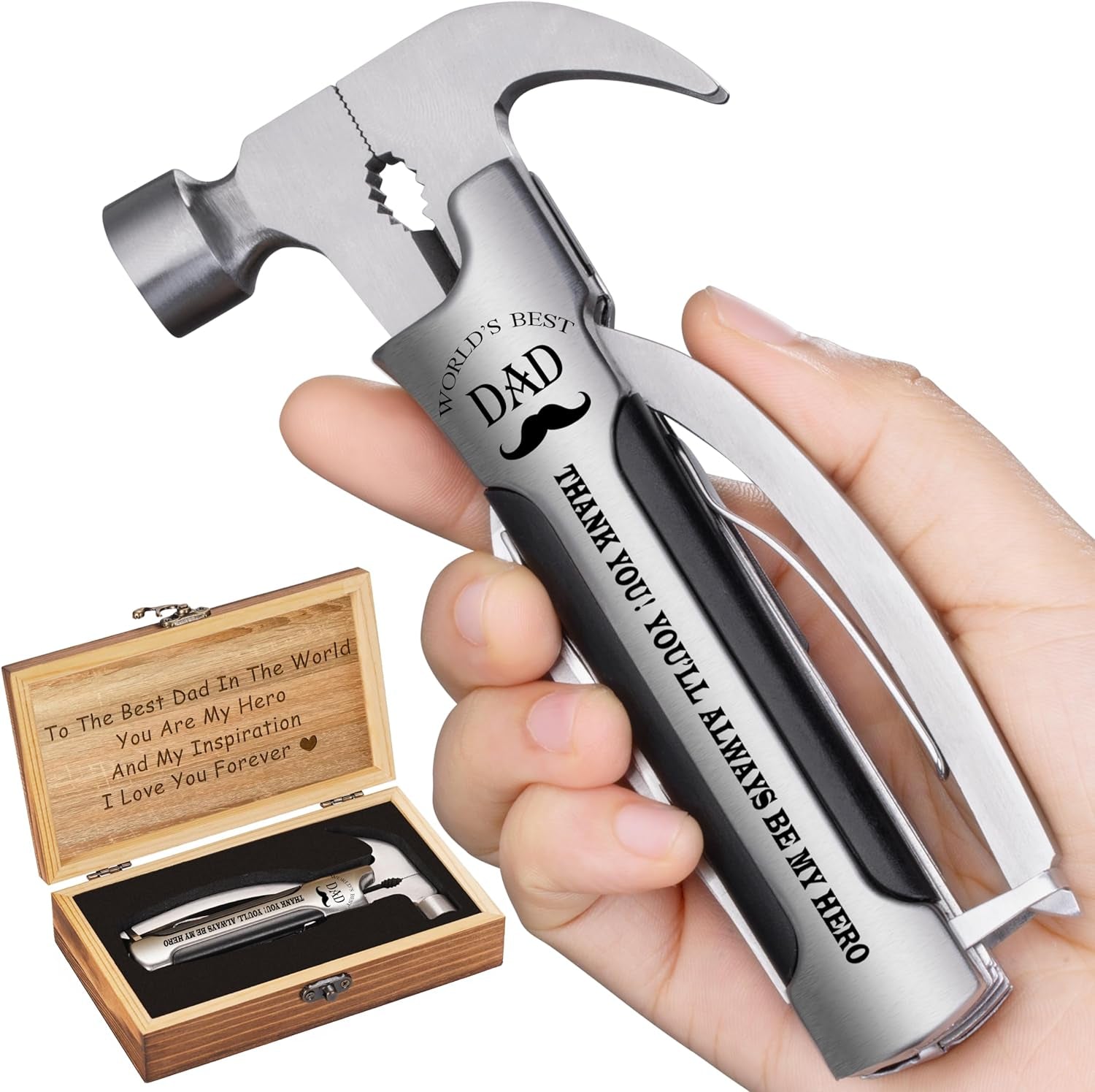 Gifts for Dad from Daughter Son Kids, Unique Birthday Gift Ideas for Men Stepdad Papa, All in One Tools Hammer Multitool with Engraved Wooden Box, Cool Camping Hunting Gadgets