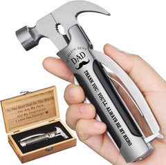 Gifts for Dad from Daughter Son Kids, Unique Birthday Gift Ideas for Men Stepdad Papa, All in One Tools Hammer Multitool with Engraved Wooden Box, Cool Camping Hunting Gadgets